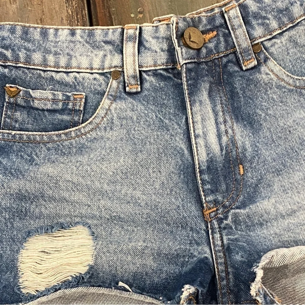 Rapsodia 22 (XS) Denim Shorts Womens Distressed Mid Rise Logo 100% Cotton